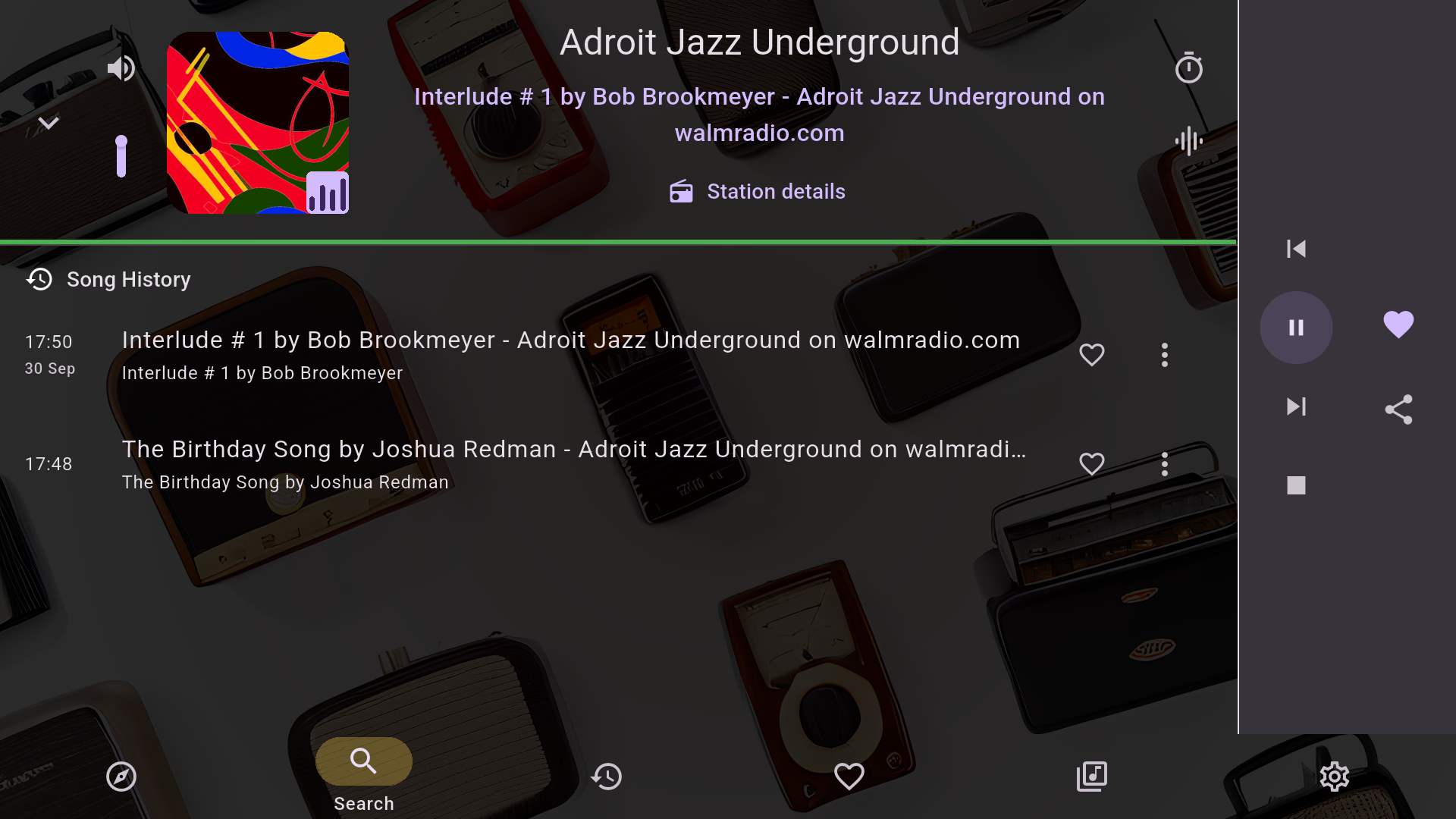 Radiophonia running on a TV screen: the Now Playing screen with album art, playback controls and the song history rail