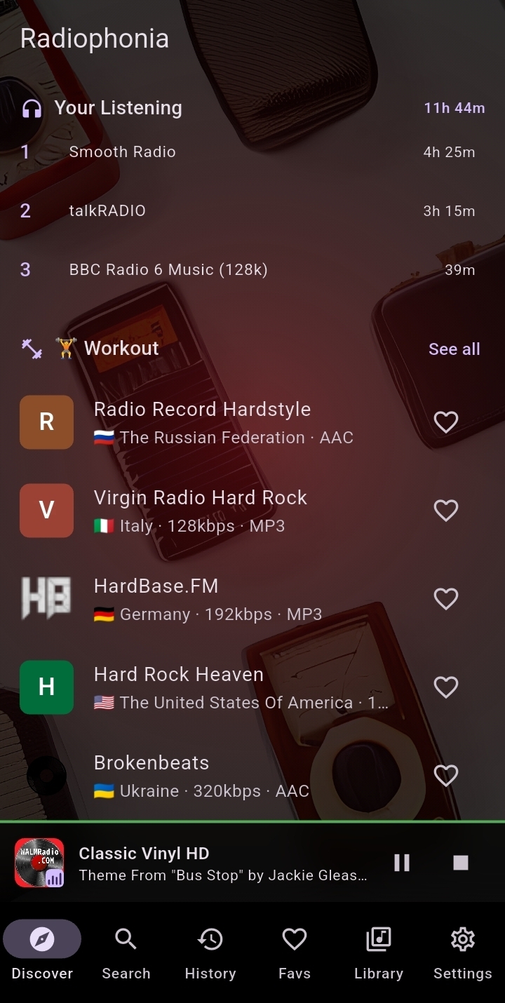Discover screen showing listening stats, curated workout stations, and 51,000+ stations worldwide