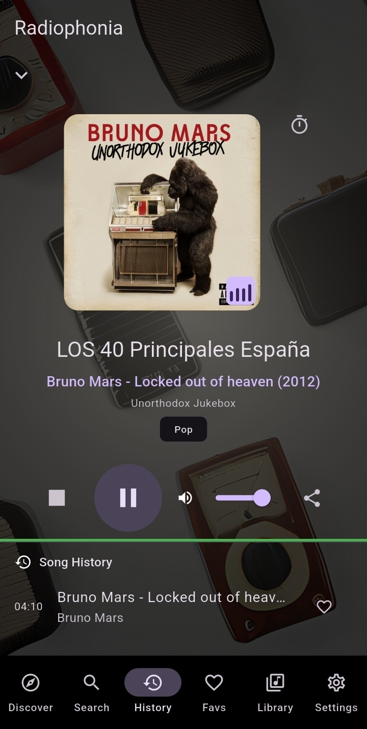 Now playing screen showing album art, genre tags, playback controls, and song history