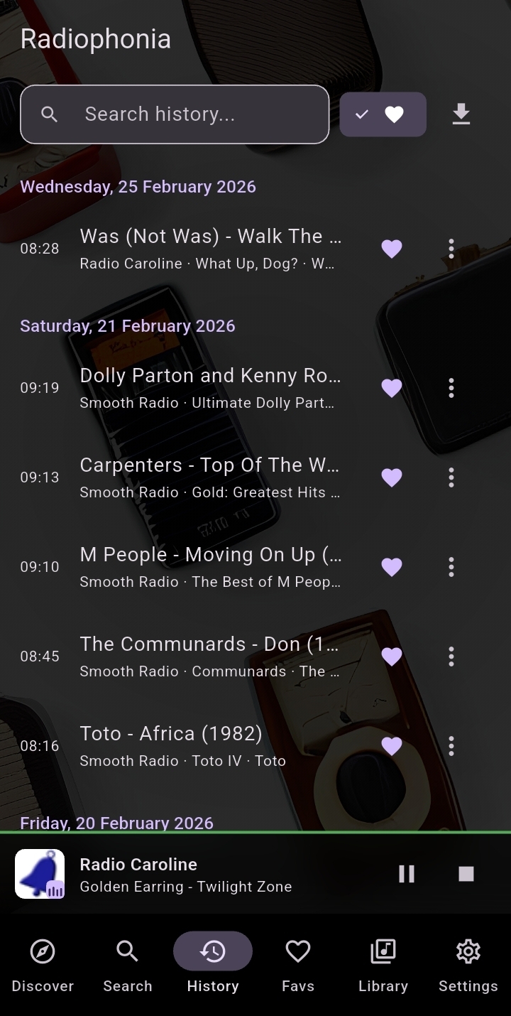 Song history timeline showing timestamped tracks across multiple days with favourite filtering